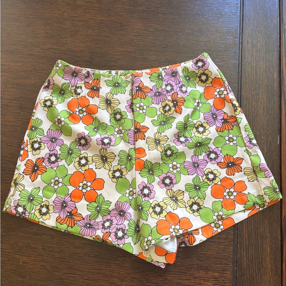 High Waist Orange and Green Floral Shorts